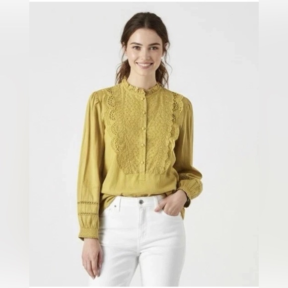 J.Crew gold Yellow Eyelet Ruffle Popover bib Blouse Top Shirt - Picture 2 of 10